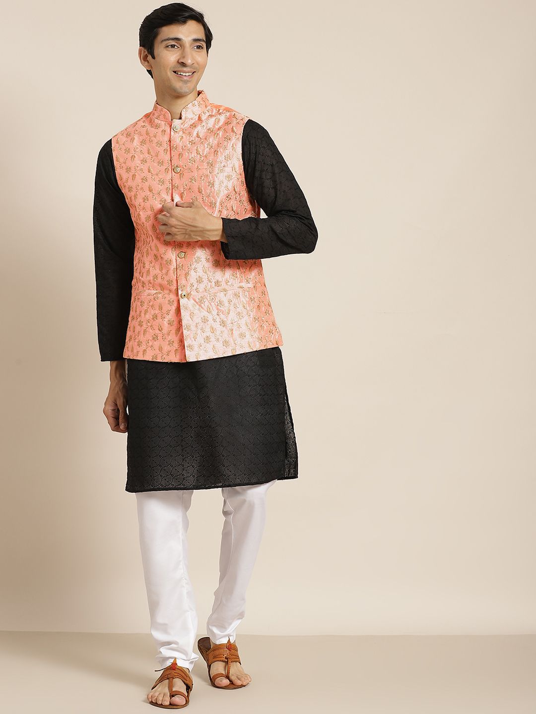 SOJANYA Men Black Ethnic Motifs Chikankari Pure Cotton Kurta with Churidar & Nehru Jacket