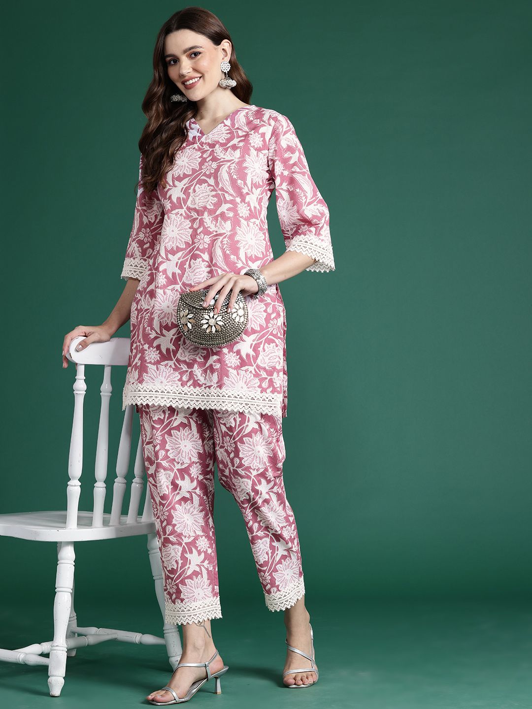 Indo Era Floral Printed Pure Cotton Tunic With Trousers