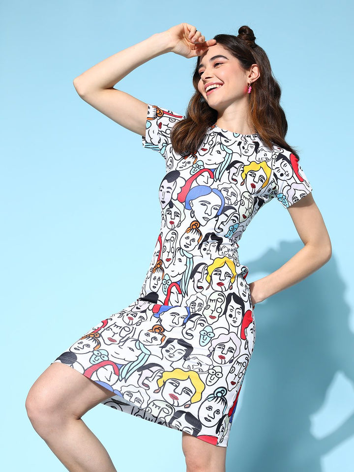 Berrylush White & Black Graphic Print Bodycon Dress