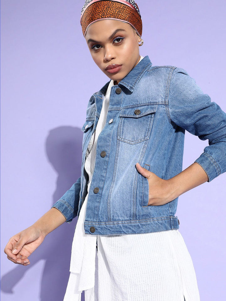 SASSAFRAS Women Blue Washed Pure Cotton Denim Jacket