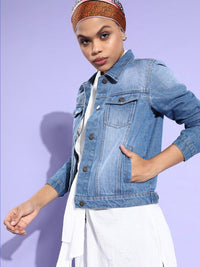 SASSAFRAS Women Blue Washed Pure Cotton Denim Jacket