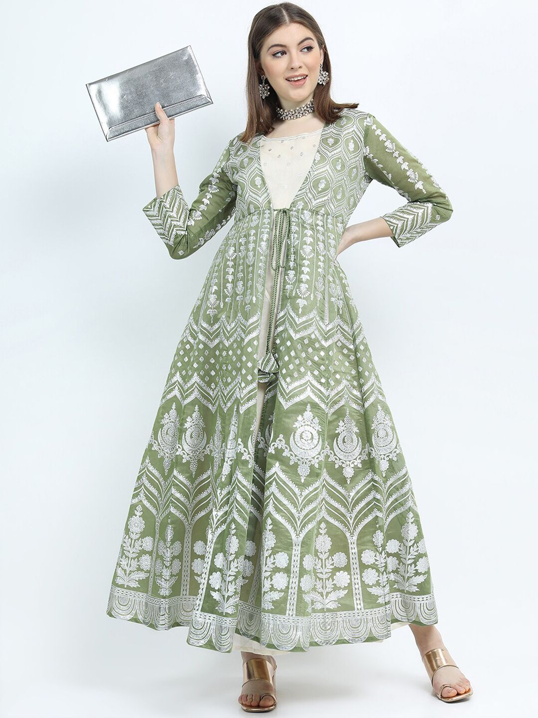 Vishudh Green Ethnic Motifs Ethnic Maxi Dress with Jacket