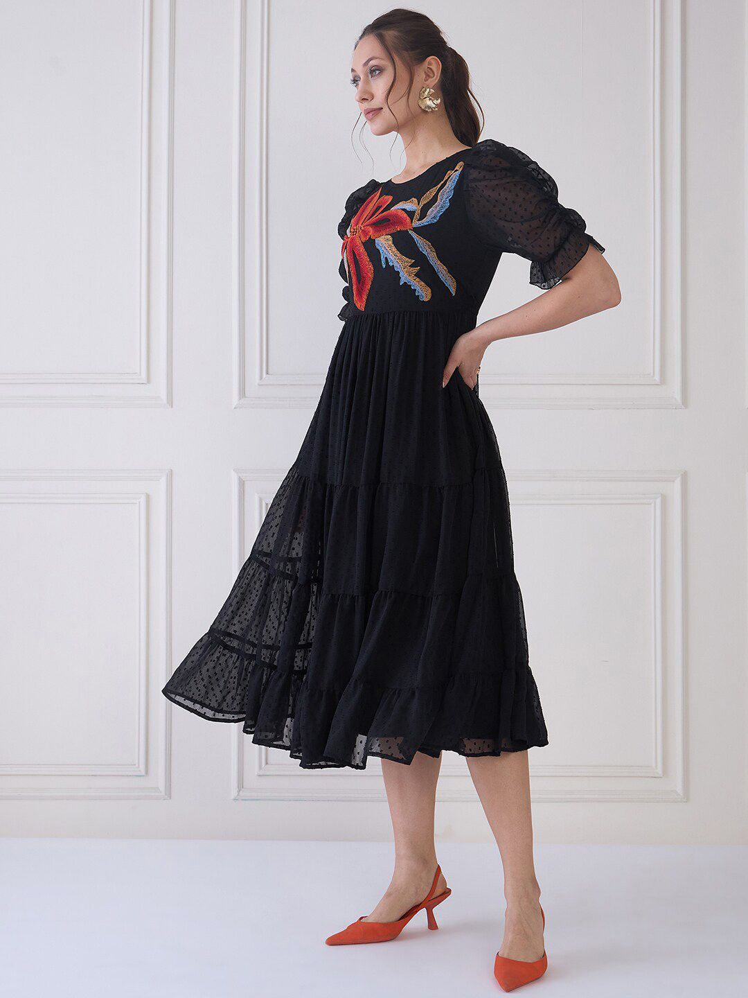 Antheaa Embroidered Round Neck Puff Sleeve Tiered Fit & Flare Midi Dress