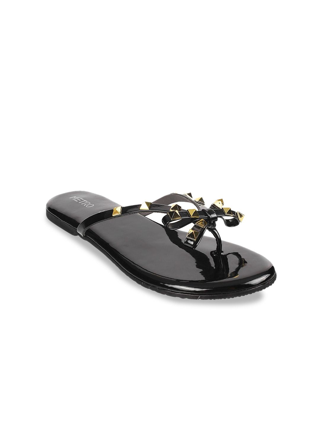 Metro Women Black Embellished T-Strap Flats