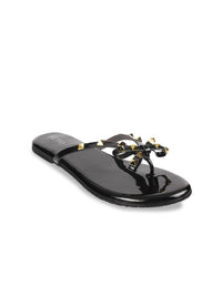 Metro Women Black Embellished T-Strap Flats