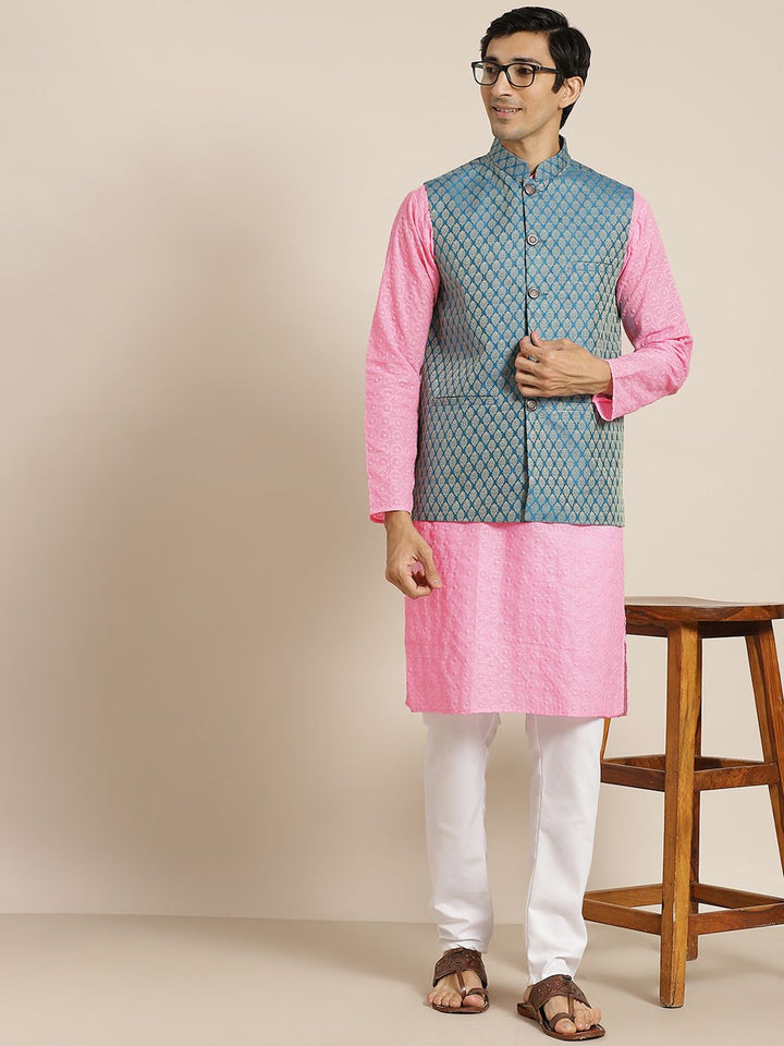SOJANYA Men Pink Chikankari Pure Cotton Kurta with Churidar & Nehru Jacket