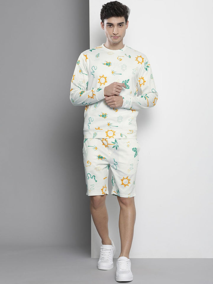 The Indian Garage Co Men Off-White Printed Sweatshirt & Shorts Set