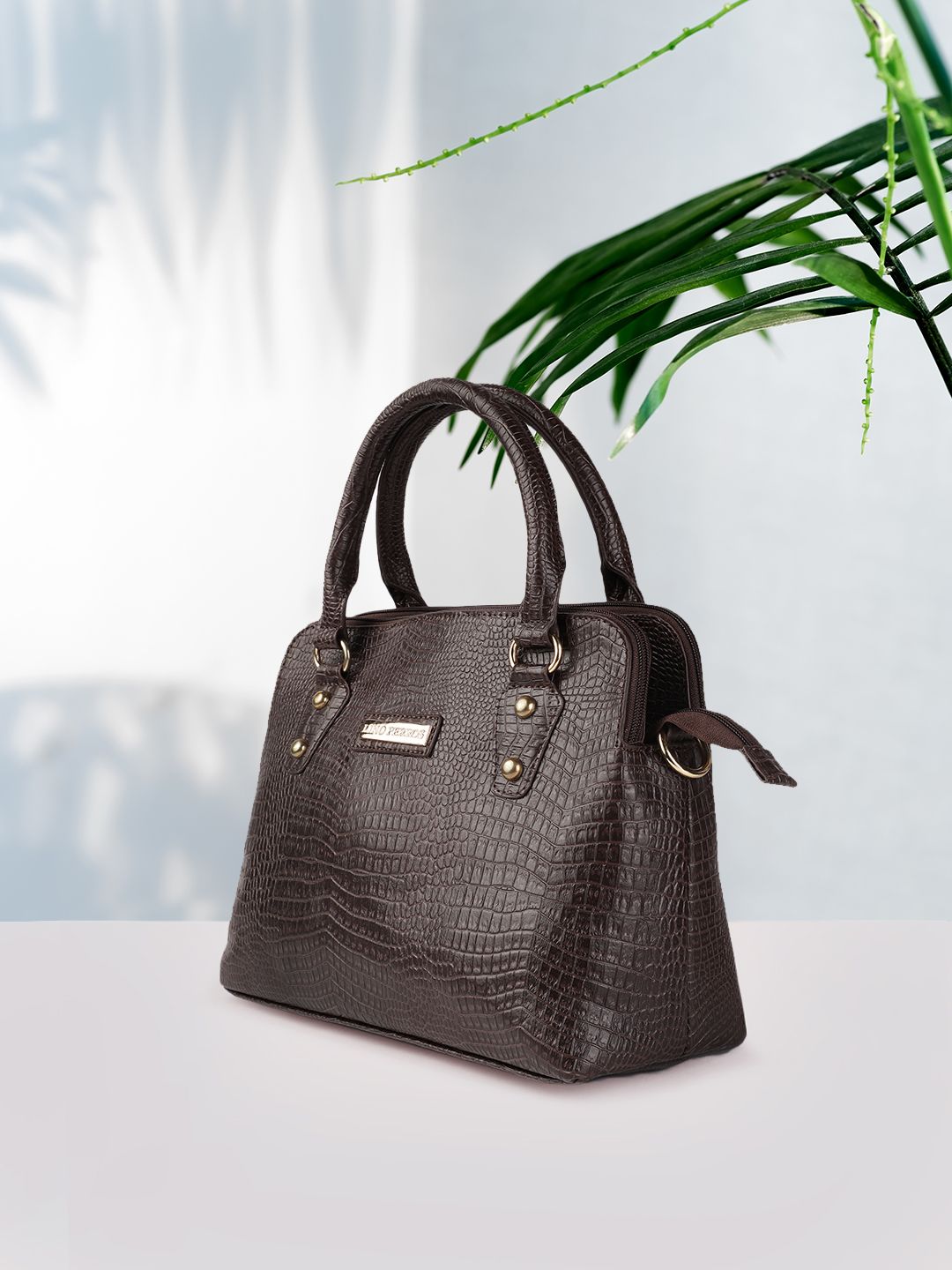 Lino Perros Women Coffee Brown Croc-Textured Structured Handheld Bag