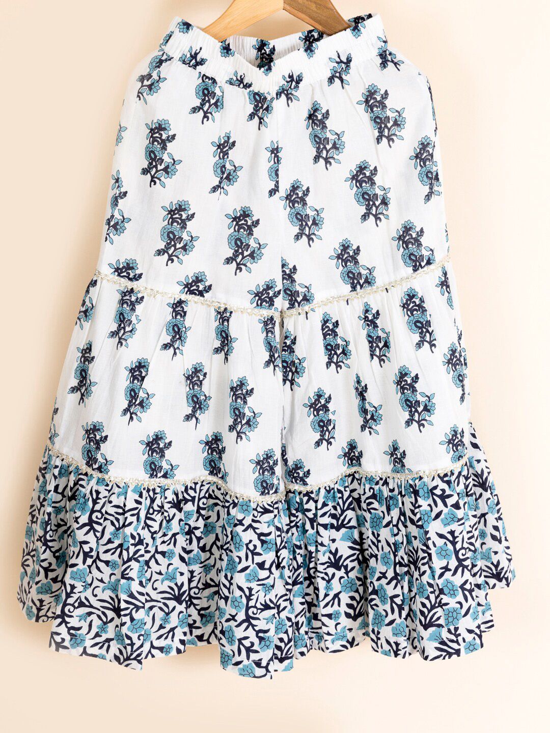 pspeaches Girls Blue Printed Pleated Pure Cotton Kurta with Sharara & Dupatta