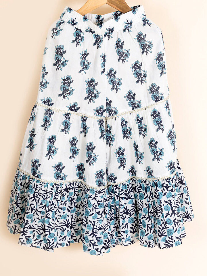 pspeaches Girls Blue Printed Pleated Pure Cotton Kurta with Sharara & Dupatta
