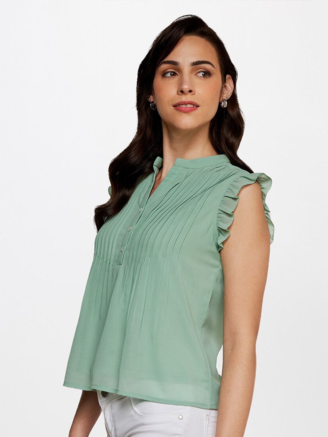 AND Sea Green Mandarin Collar Top