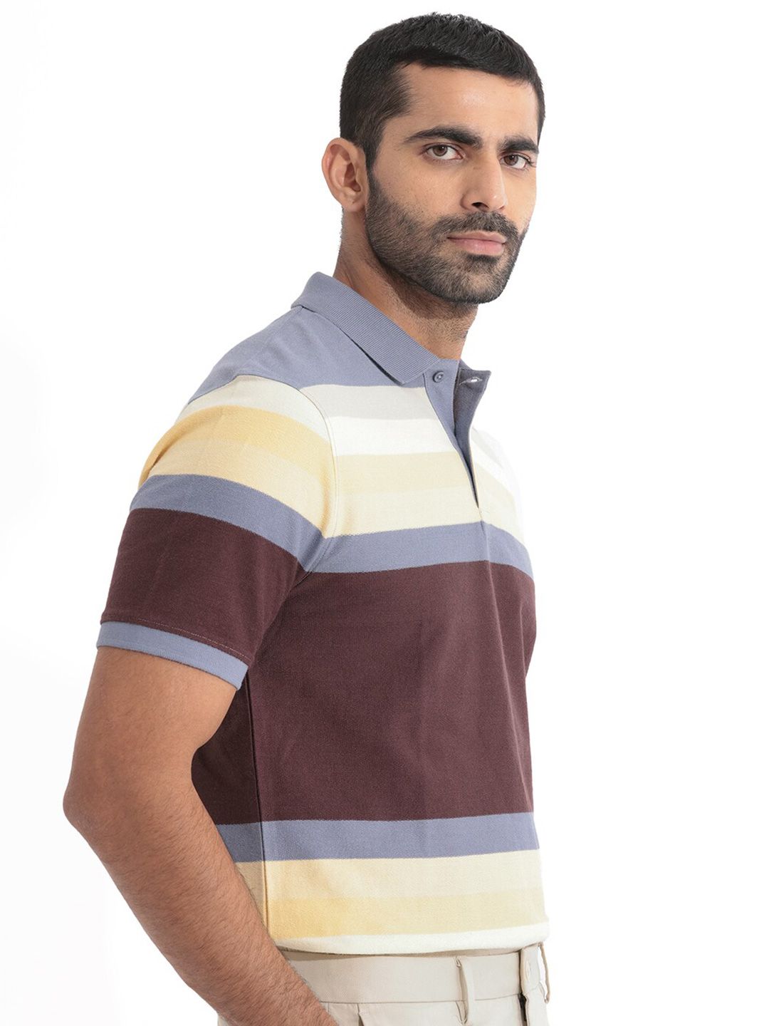 RARE RABBIT Men Glasglow Striped Polo Collar Slim Fit Pure Cotton T-Shirt