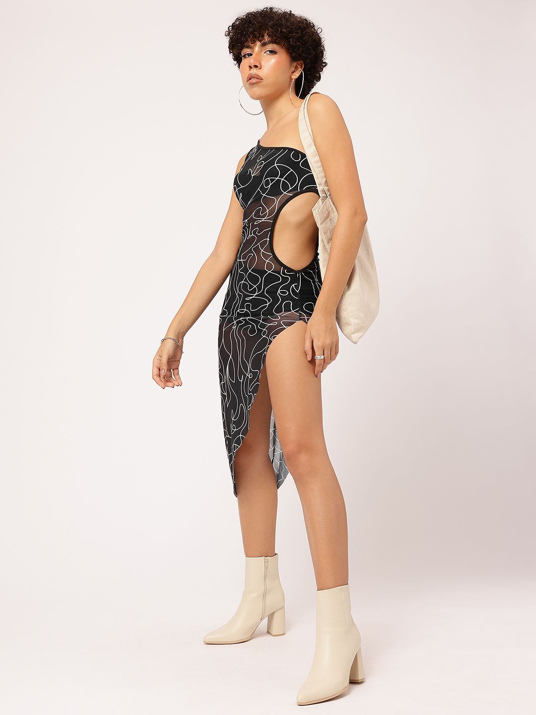 Scribbled Cut-Out Vortex Rebel Sheer Bodycon Asymmetric Flair Net Dress