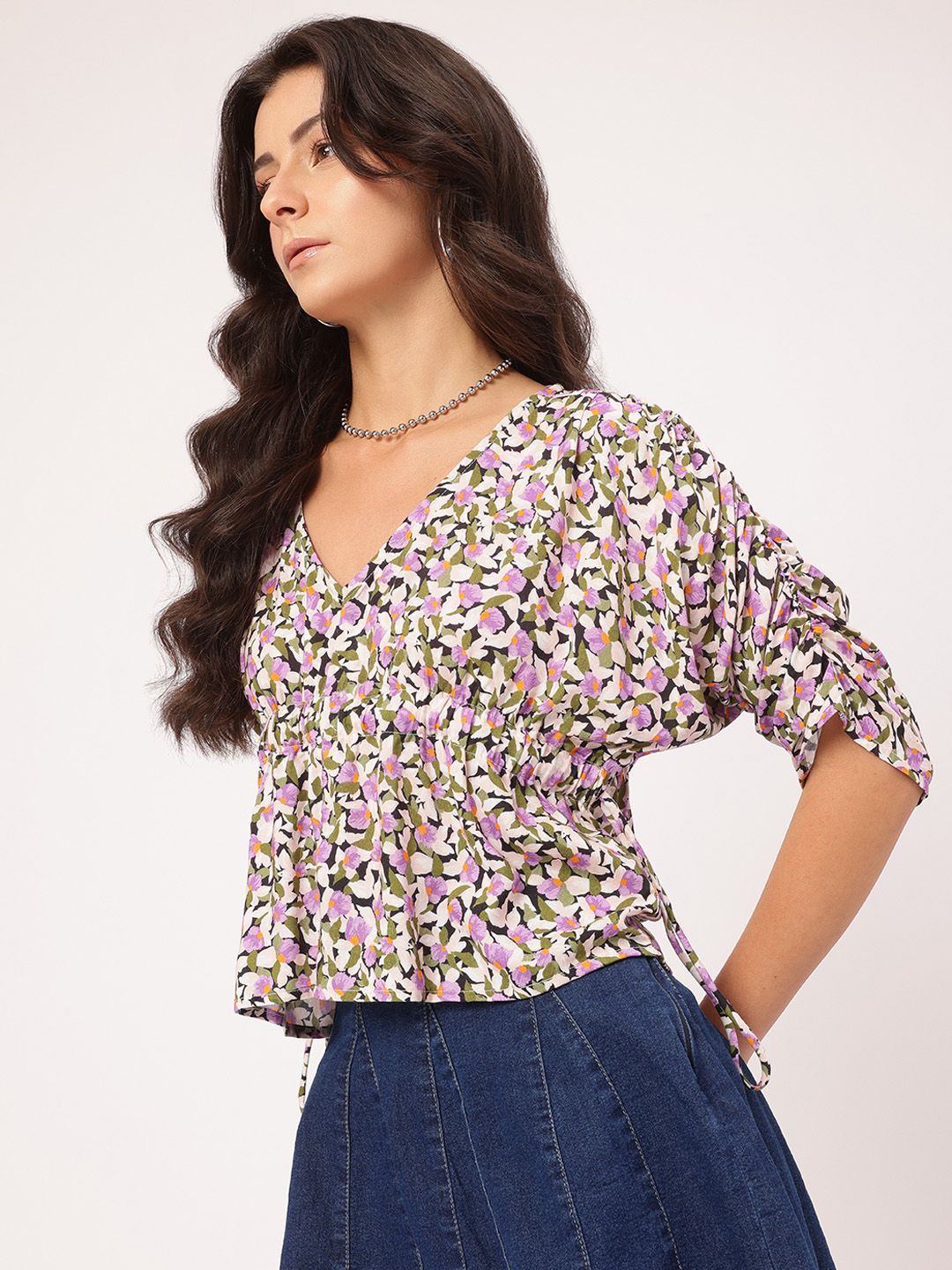 DressBerry Floral Mania Ruched Sleeves Cinched Waist Top