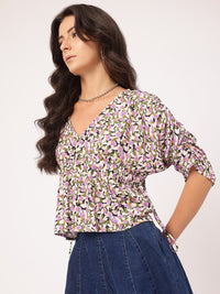DressBerry Floral Mania Ruched Sleeves Cinched Waist Top