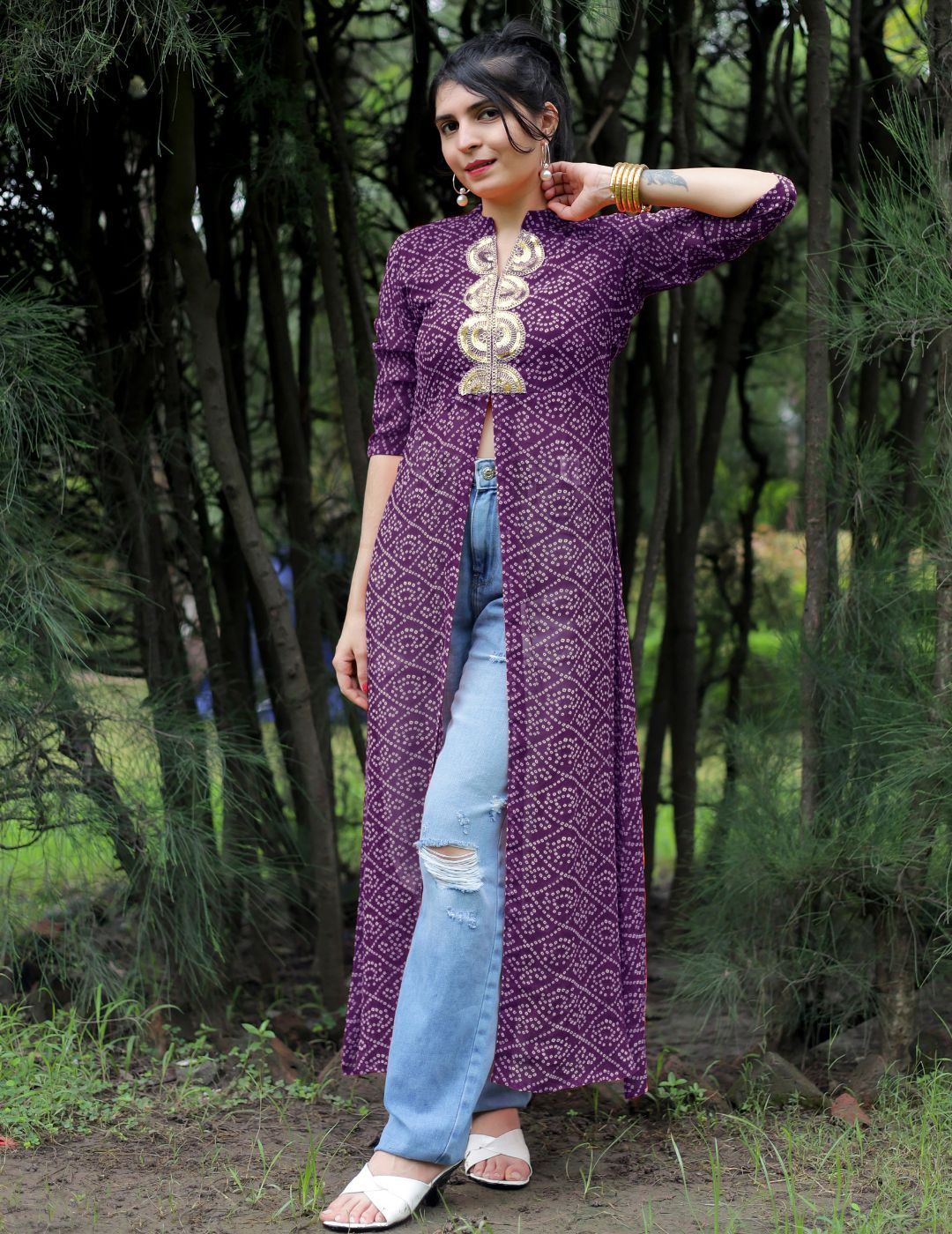 KALINI Bandhani Printed Mandarin Collar Sequins Front Slit Georgette A-Line Kurta