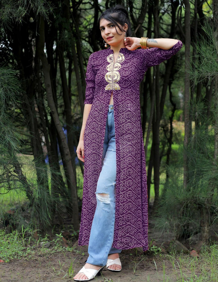 KALINI Bandhani Printed Mandarin Collar Sequins Front Slit Georgette A-Line Kurta