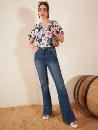 DENNISON Floral Printed V-Neck Crepe Top
