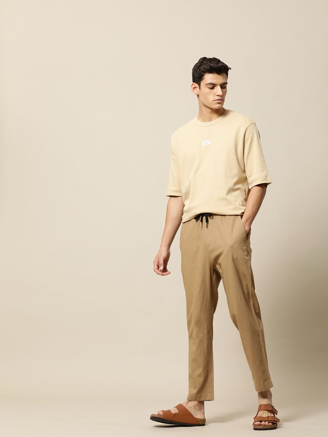 Mr Bowerbird Men Khaki Liberal Fit Cotton Linen Trousers