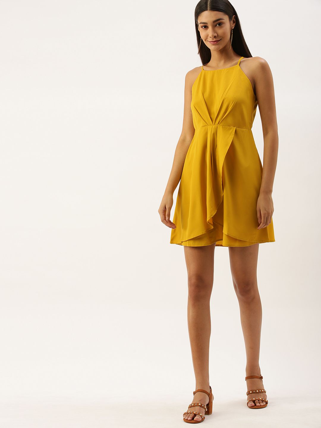 Berrylush Women Mustard Yellow Solid Pleated Ruffled A-Line Dress