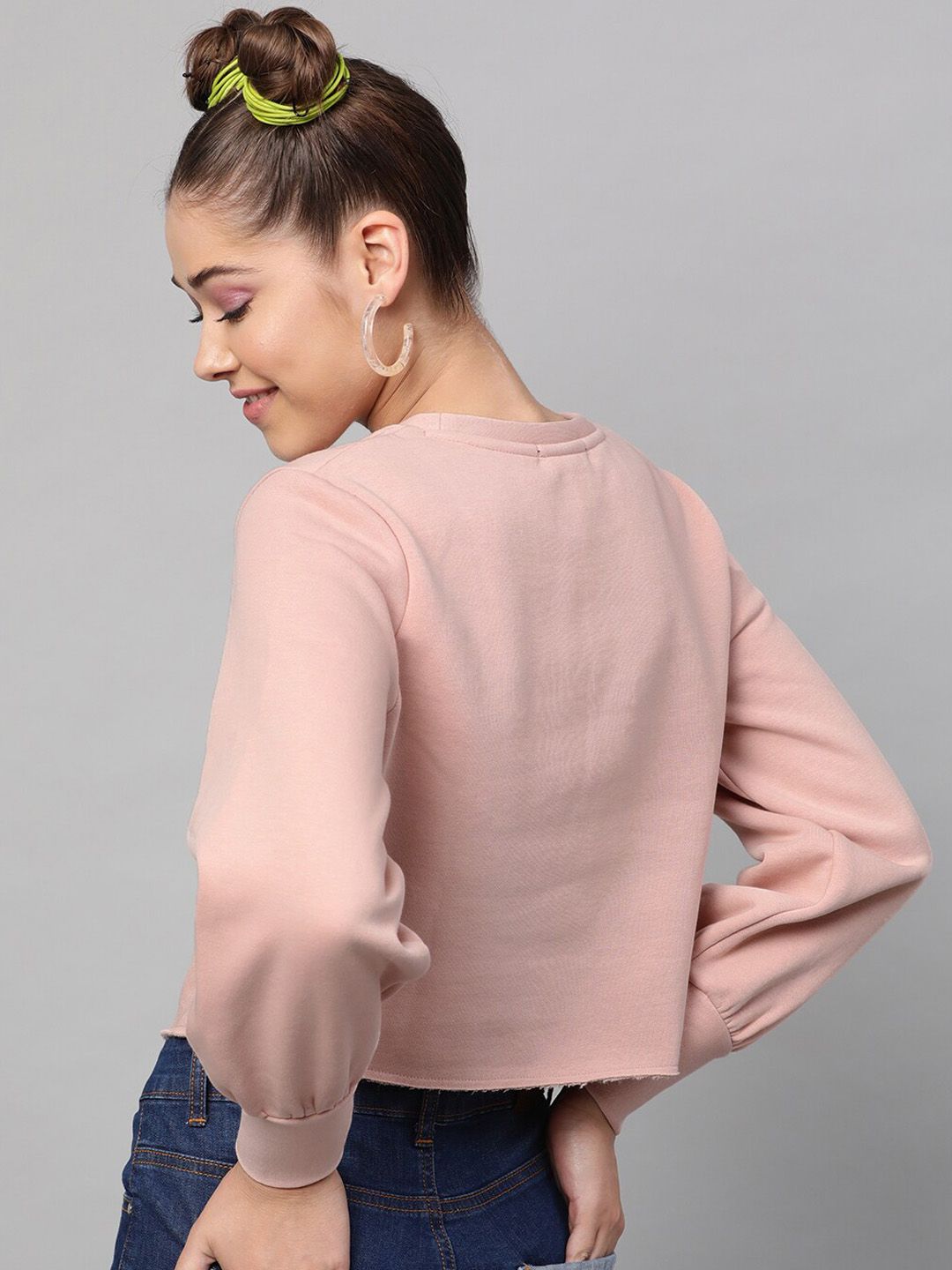 STREET 9 Women Pink Printed Pure Cotton Crop Sweatshirt