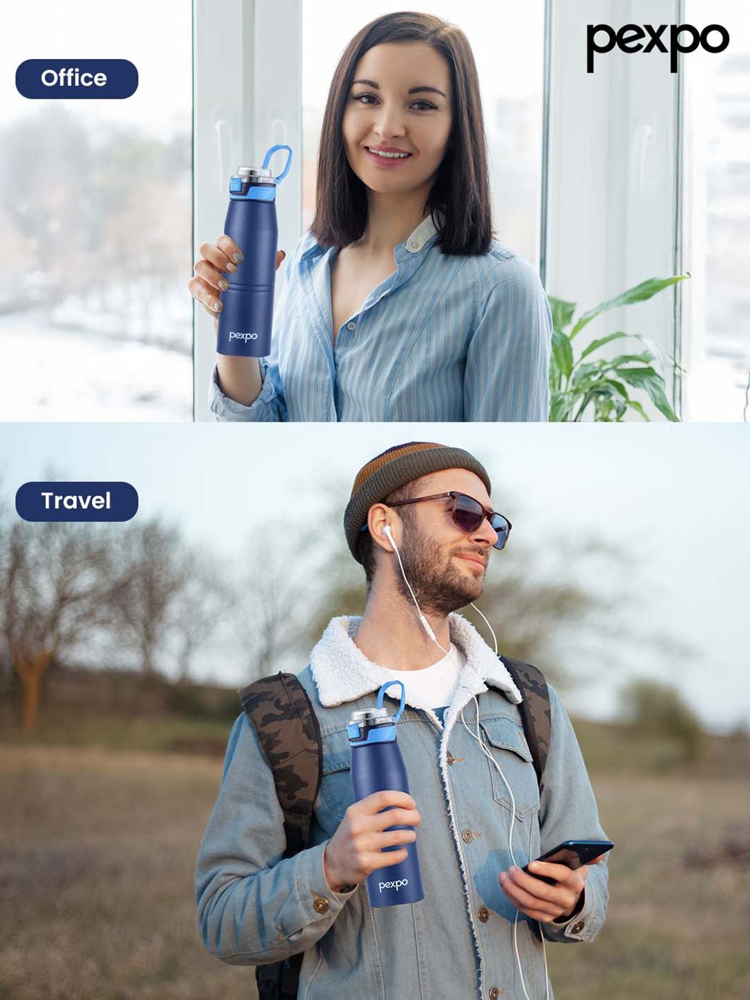 Pexpo Blue Printed Stainless Steel Double Wall Vacuum Water Bottle-940 ml