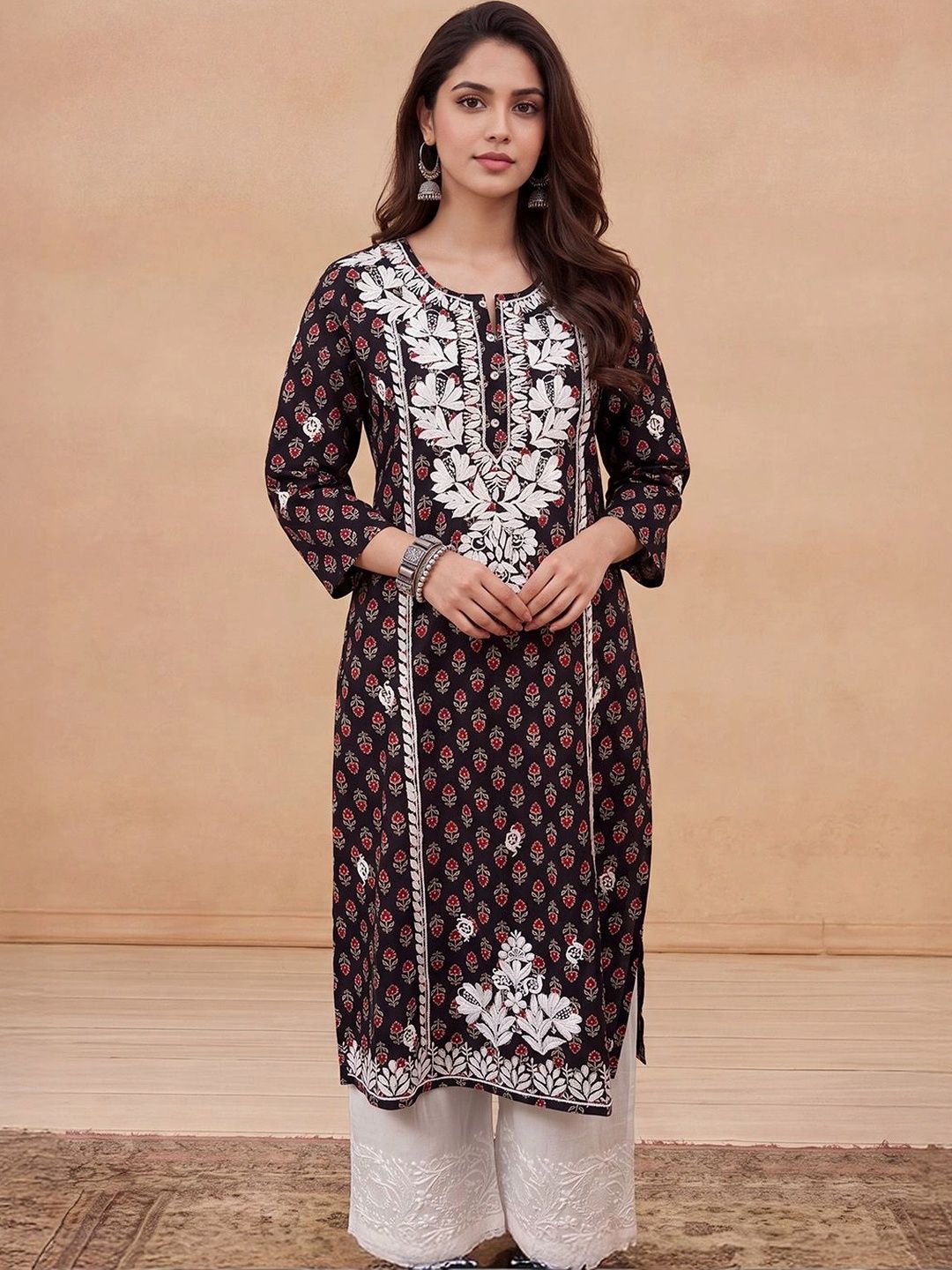 Rumah Wanita Chikankari Motif Etnik Benang Bercetak Kurta