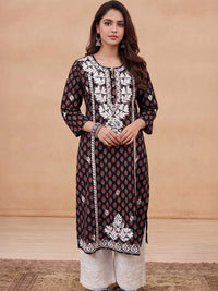 Rumah Wanita Chikankari Motif Etnik Benang Bercetak Kurta