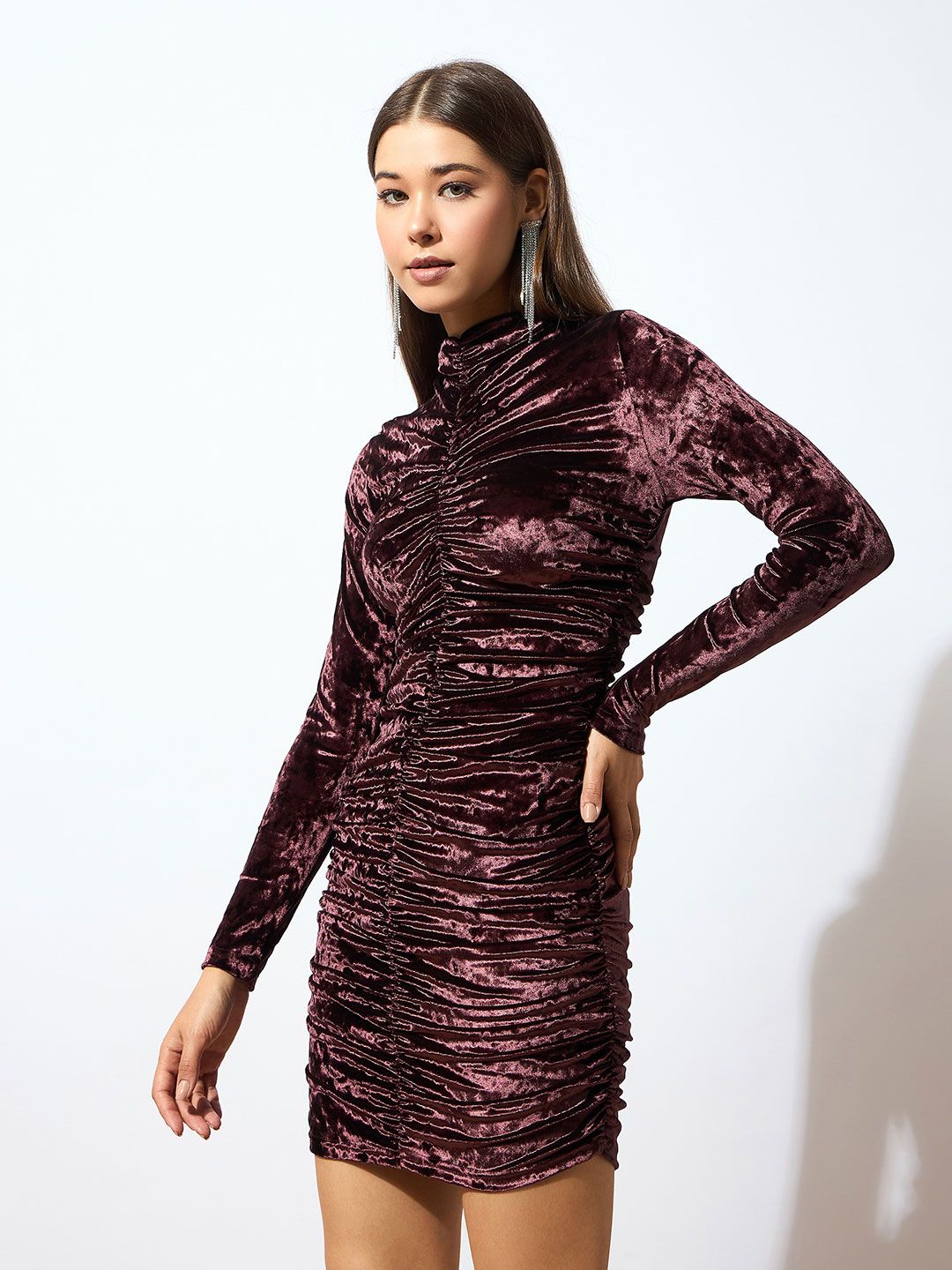 SASSAFRAS Brown High Neck Gathered Detail Velvet Bodycon Dress