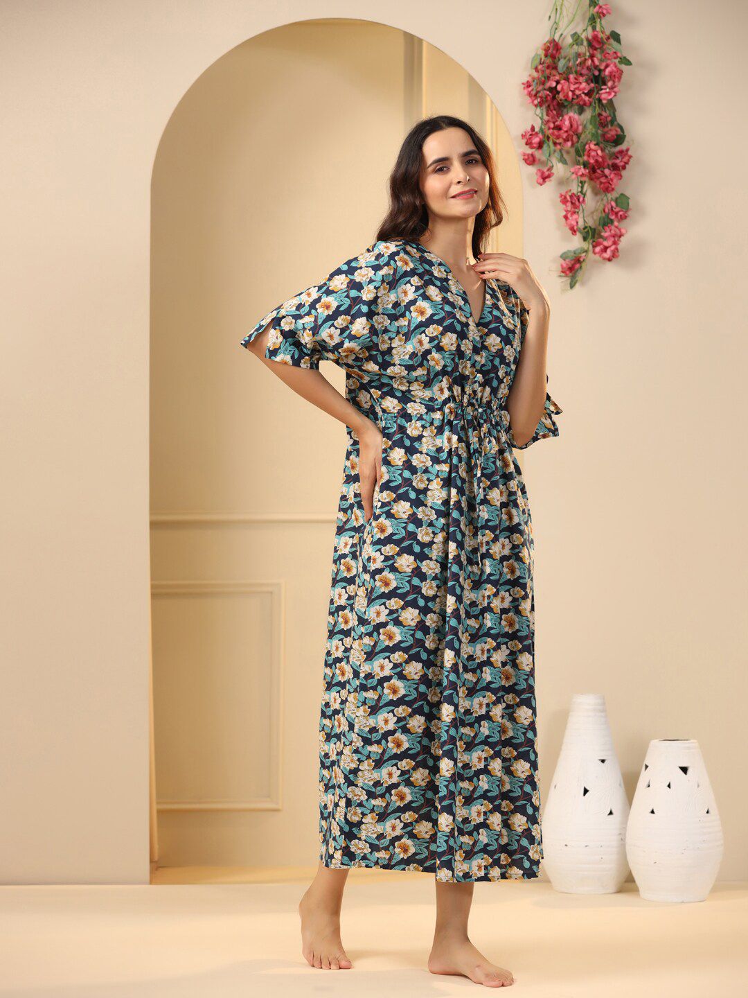 SANSKRUTIHOMES Navy Blue Floral Printed Pure Cotton Maxi Nightdress
