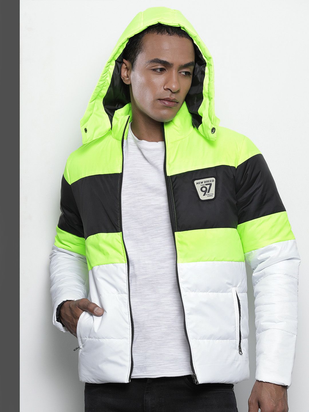 The Indian Garage Co Men Colourblock Slim Fit Puffer Jacket with Detachable Hood