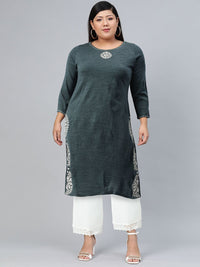 W Thread Work Round Neck Acrylic Straight Kurta