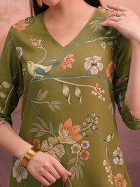 Vishudh Olive Floral Printed Straight Kurta