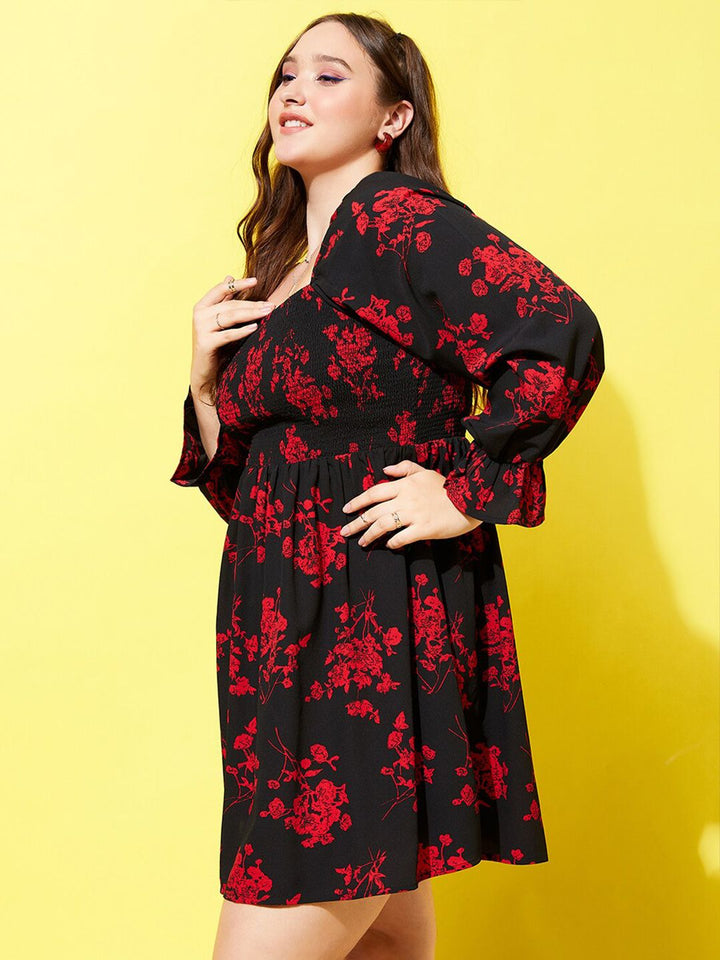 Berrylush Curve Black Floral Printed Smocked Fit & Flare Dress