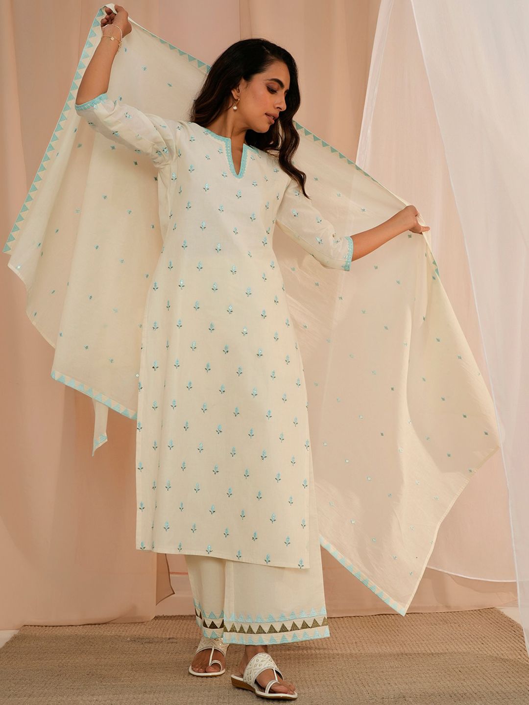Libas Floral Embroidered Thread Work Pure Cotton Kurta With Palazzos & Dupatta