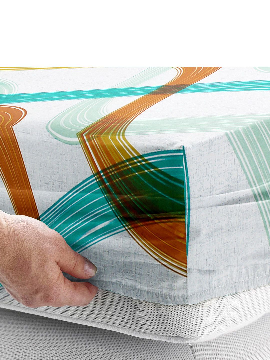 Story@home Arena White & Teal Printed 180 TC Fitted Queen Bedsheet With 2 Pillow Covers