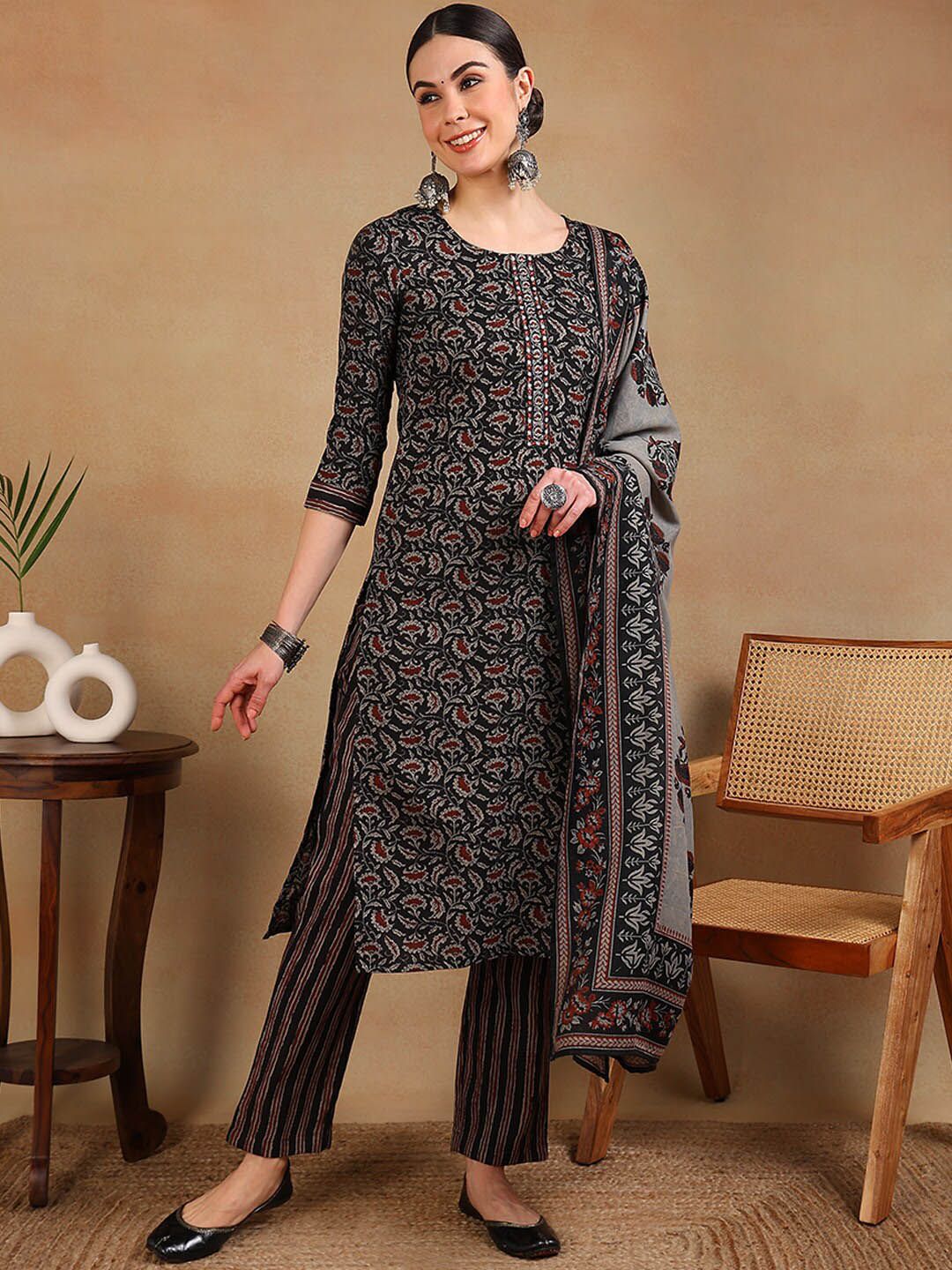 KALINI Floral Printed Regular Thread Work Kurta With Trousers & Dupatta