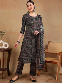 KALINI Floral Printed Regular Thread Work Kurta With Trousers & Dupatta