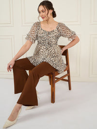 Antheaa Off White Polka Dots Printed Puff Sleeves Tie Up Top &Trouser