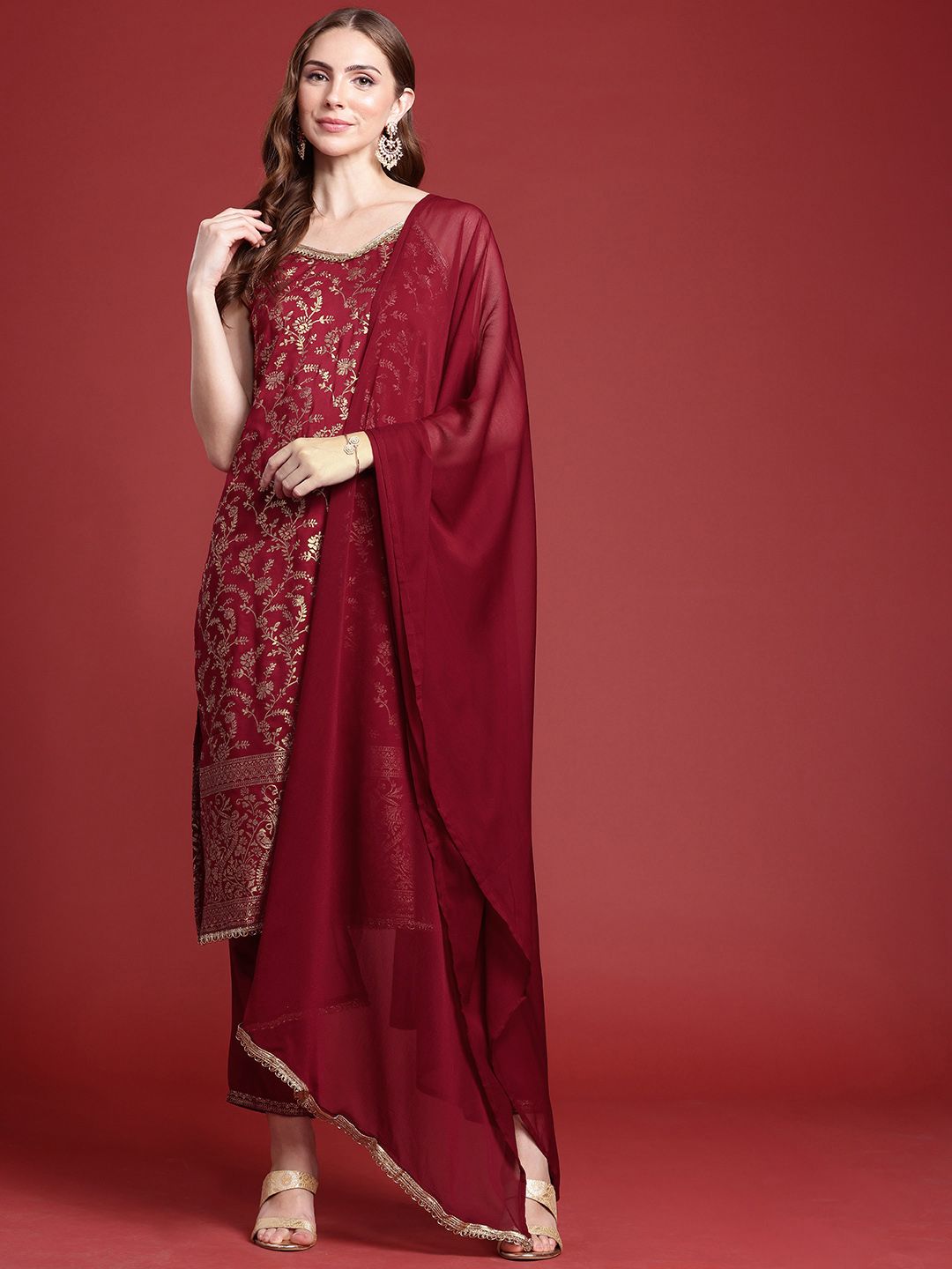 Anouk Indie Floral Printed Shoulder Straps Kurta With Trousers & With Dupatta