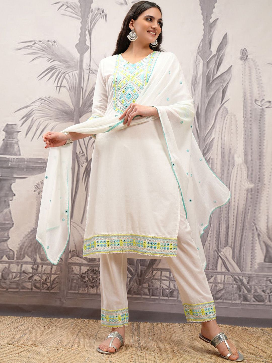 Vishudh Floral Embroidered Regular Thread Work Pure Cotton Kurta with Trousers & Dupatta