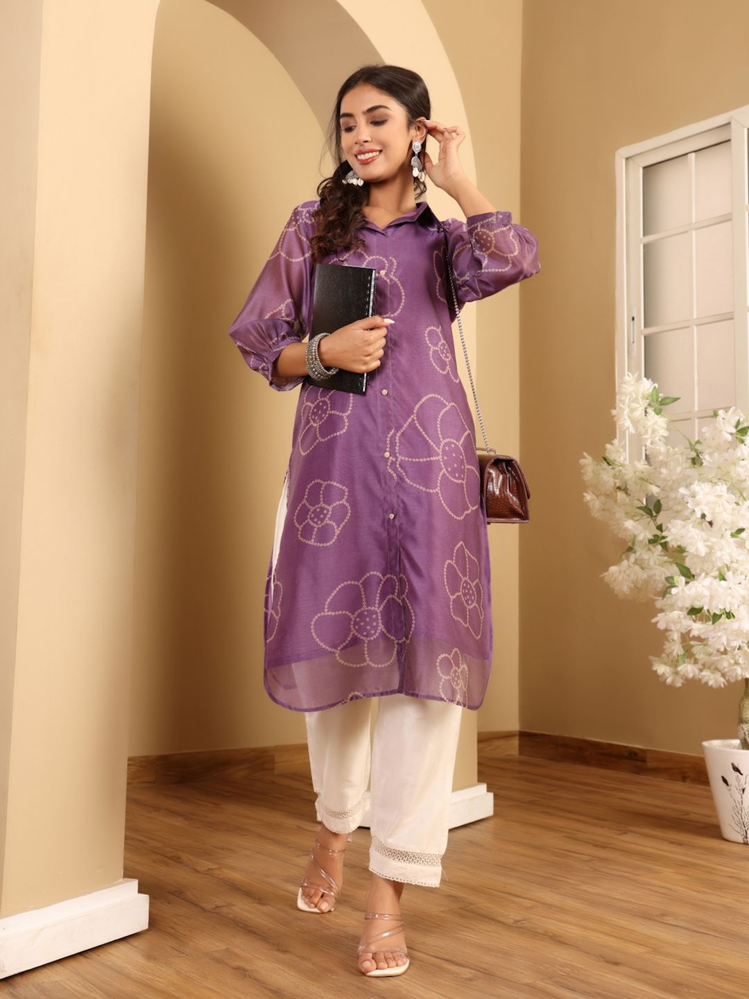 Varanga Floral Printed Cuff Sleeves Shirt Collar Chanderi Silk Straight Kurta