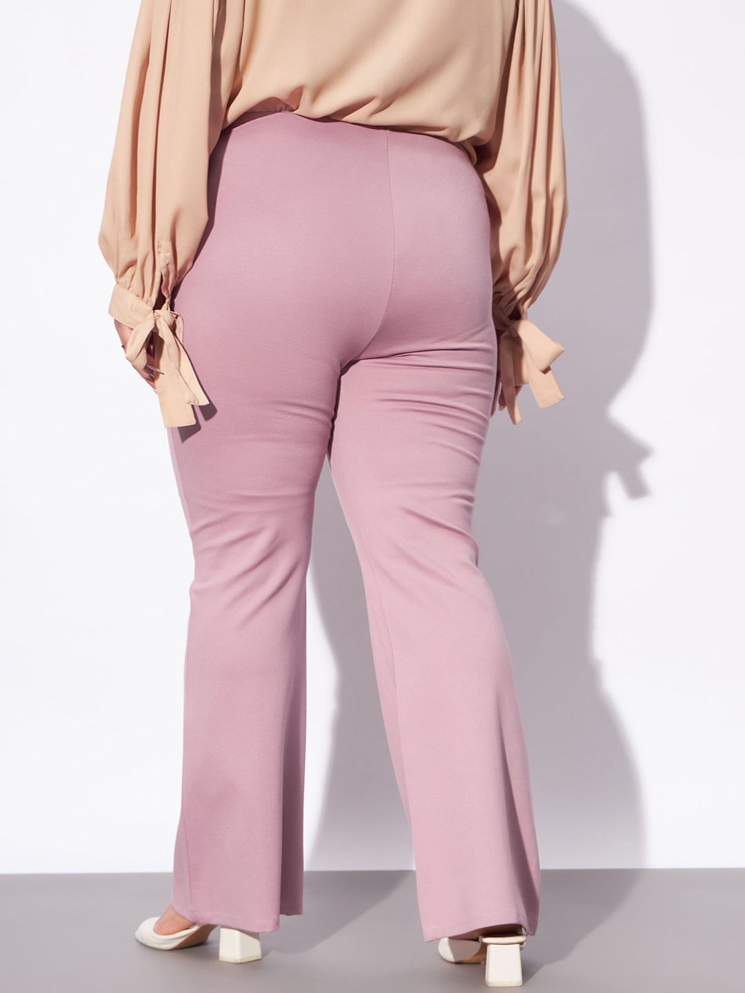SASSAFRAS Curve Women Plus Size Pink Flared High-Rise Bootcut Trousers