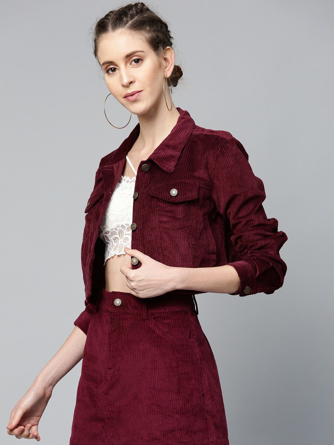 SASSAFRAS Women Burgundy Self-Striped Corduroy Crop Tailored Jacket