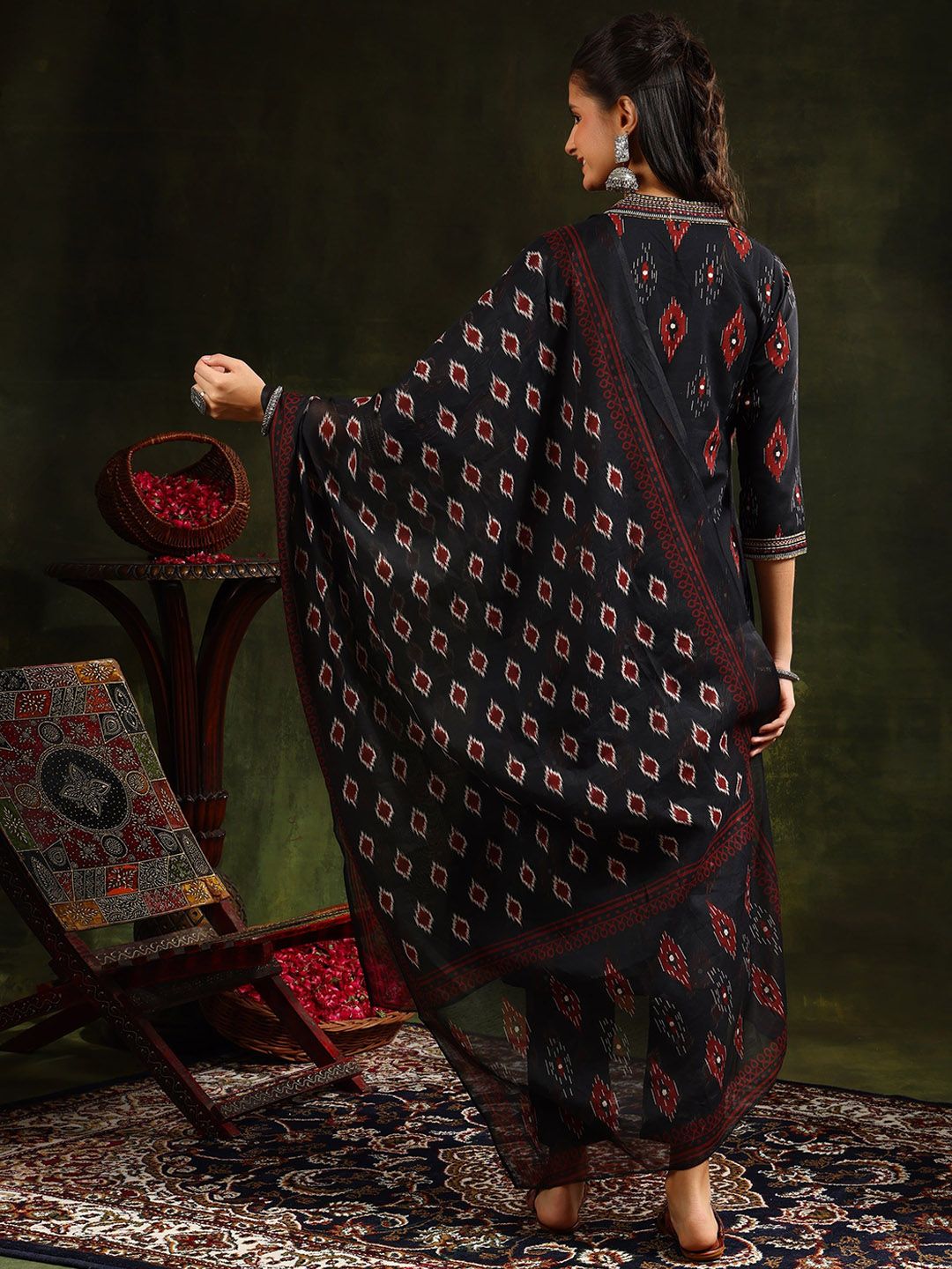 KALINI Floral Printed V-Neck Pleated A-Line Kurta With Trouser And Dupatta