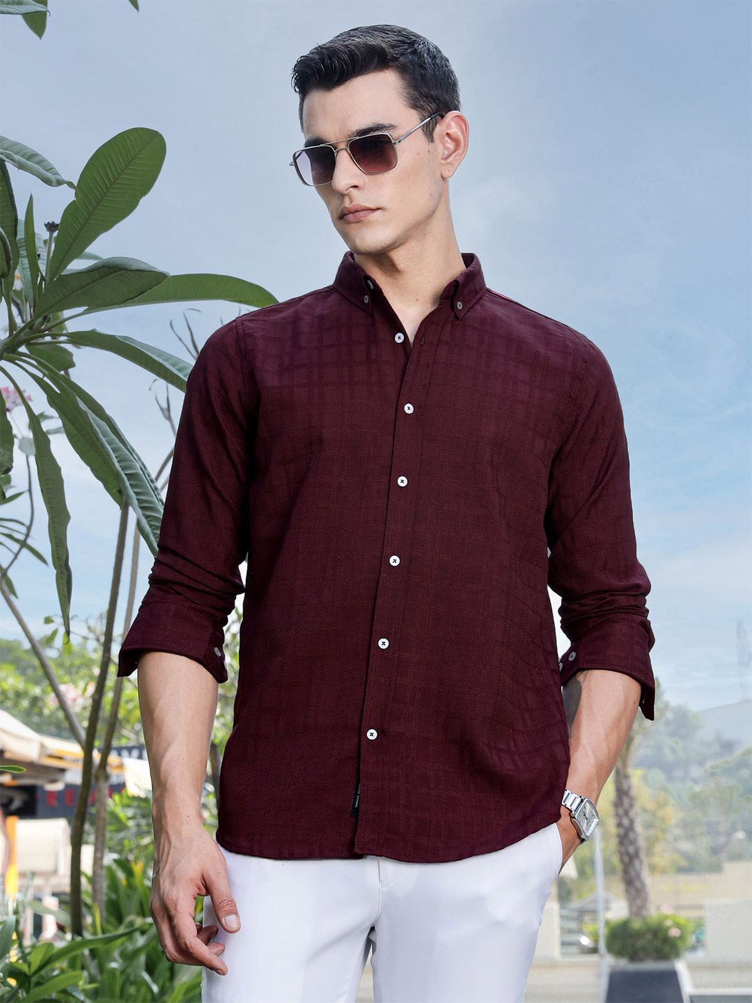 Thomas Scott Men Premium Regular Fit Button-Down Collar Textured Casual Shirt