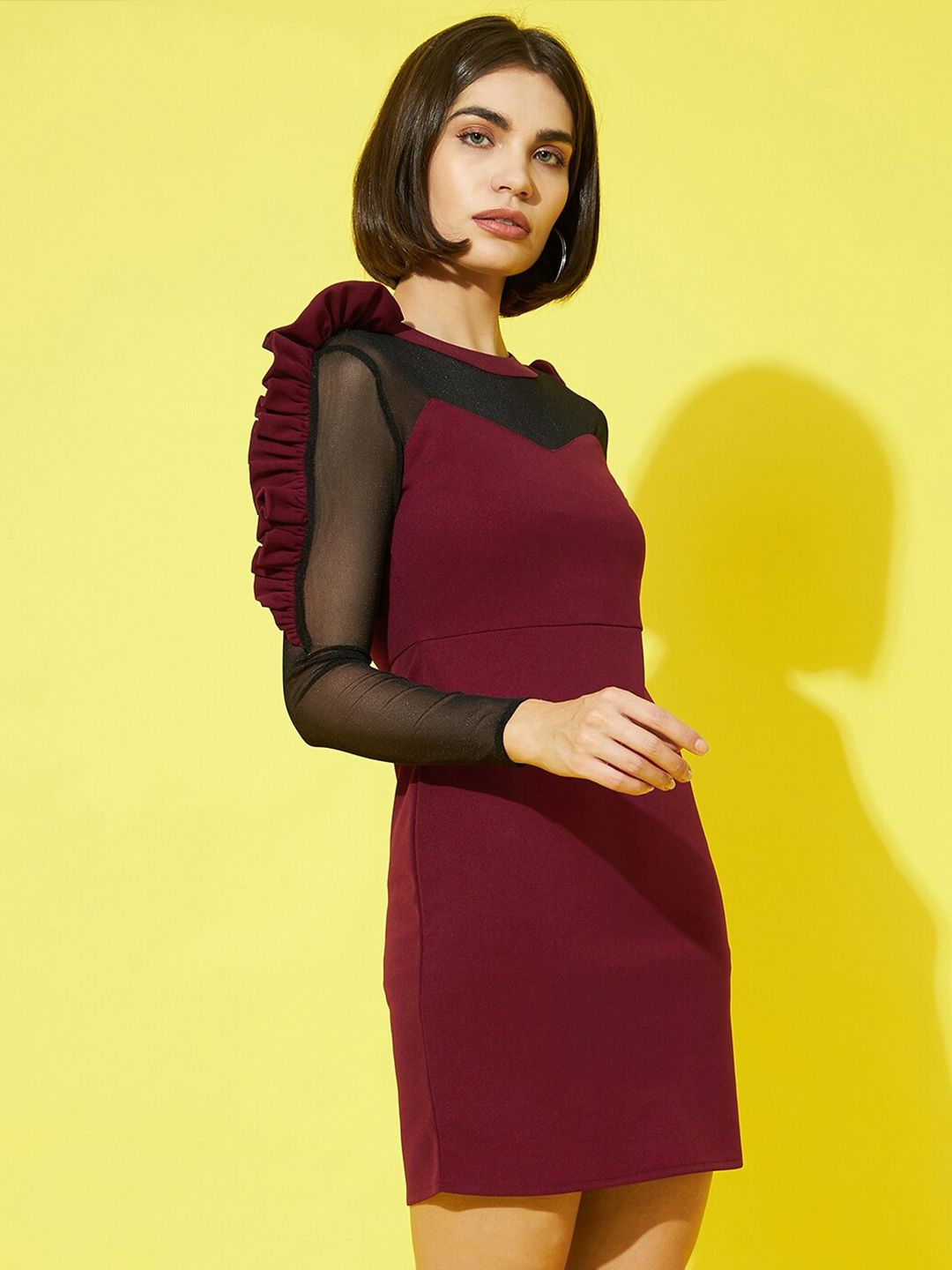 Athena Women Burgundy & Black Bodycon Mock Neck Mini Dress