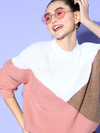 Berrylush Women White Colourblocked Block & Patch Sweater