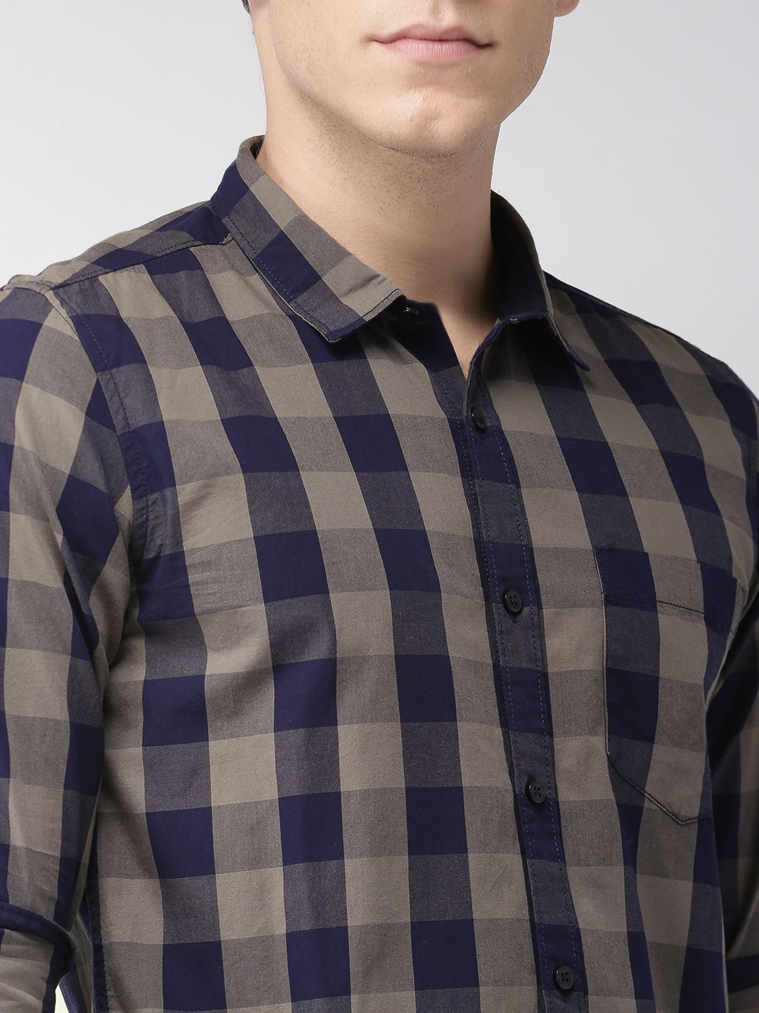 HIGHLANDER Men Navy Blue & Taupe Slim Fit Checked Casual Shirt