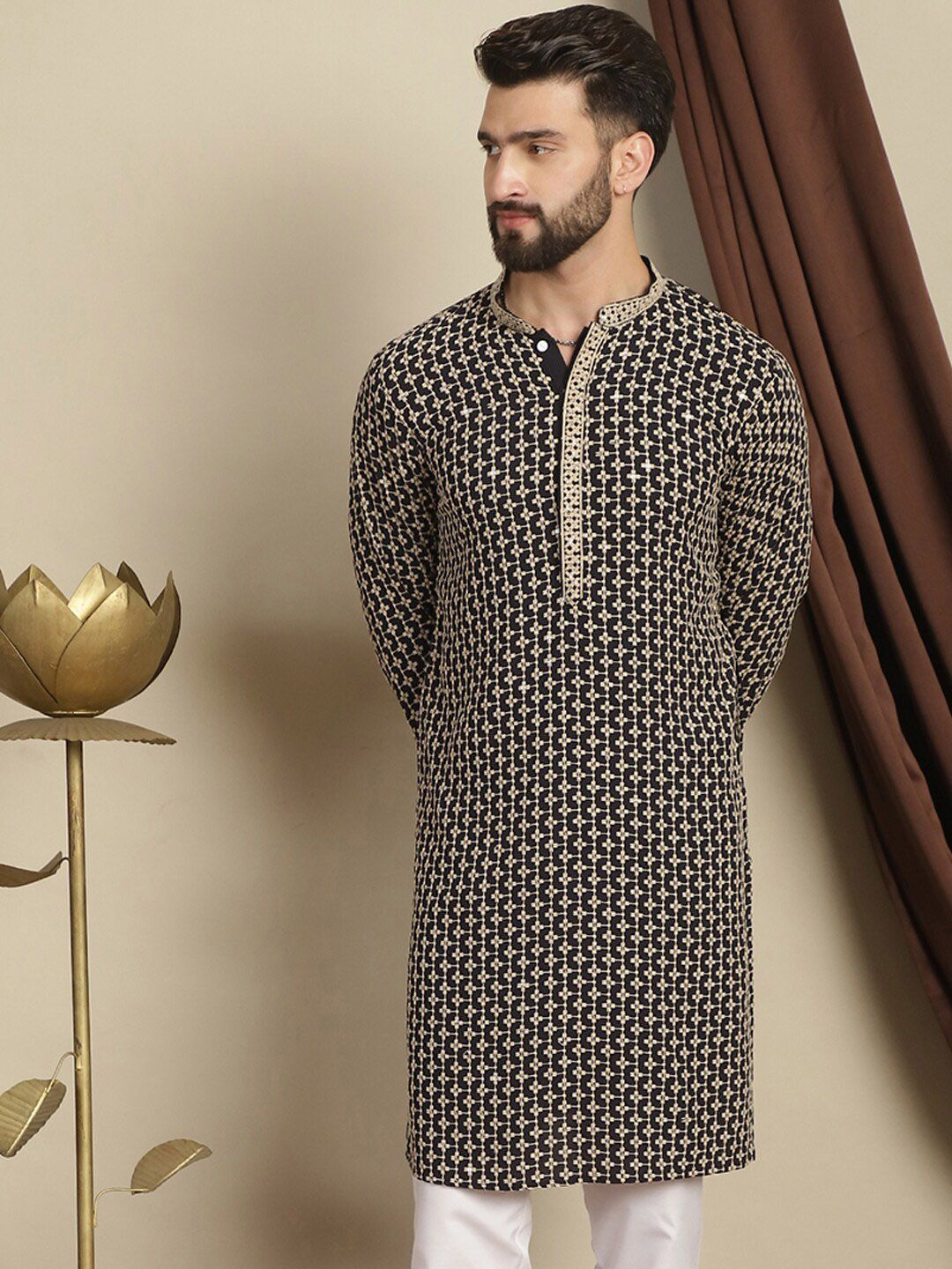 Anouk Geometric Printed Kolar Mandarin Lengan Panjang Kapas Kurta Labuci